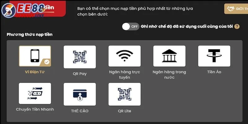 Quy trình nạp tiền chơi game tại nhà cái EE88